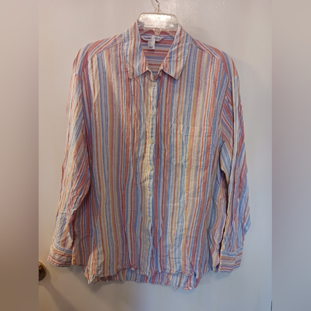Old Navy Ladies L Boyfriend Shirt Linen Rayon Breathable Layering Button Down